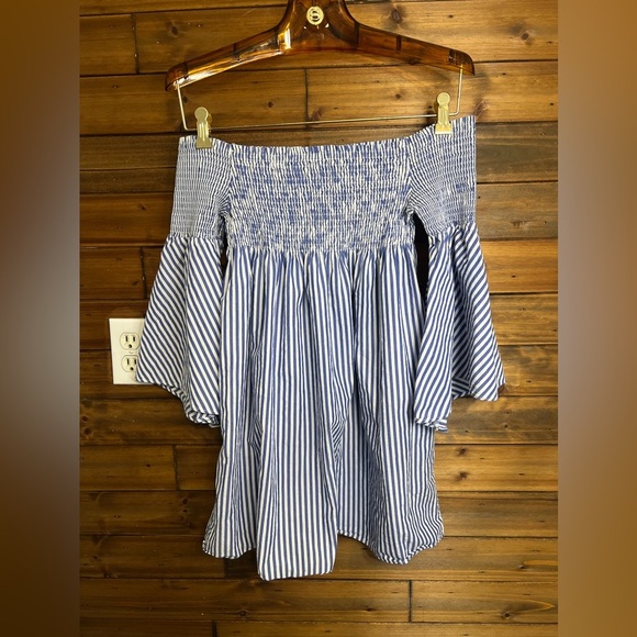 Zara Woman Off Shoulder Shirred Tunic or Mini Dress | blue, white | size small - Picture 3 of 7